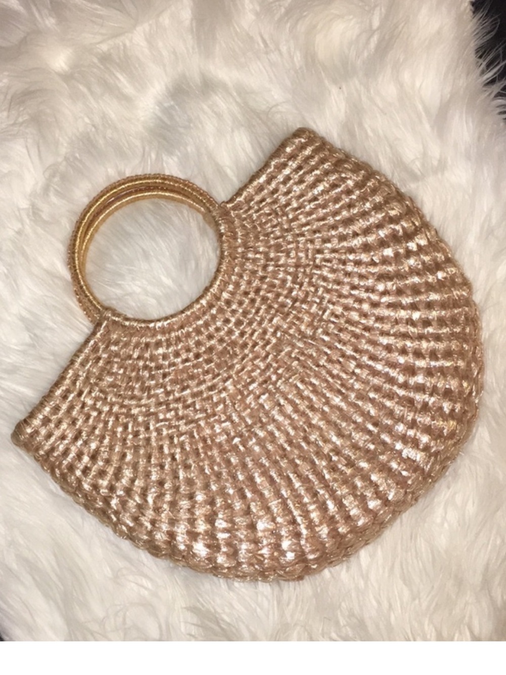 Made in Italy - straw Woven champagne Metallic top handle round beach Tote Bag - Picture 4 of 6